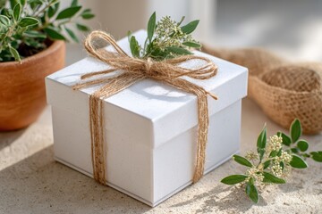 Elegant White Gift Box Wrapped with Natural Twine and Sprig of Greenery, Perfect for Celebrations, Birthdays, or Special Occasions in Soft Natural Light Setting