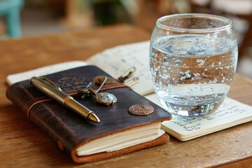 Elegant workspace scene featuring a leather-bound notebook, a pen, a decorative charm, and a glass of water on a wooden table, perfect for inspiration and creativity