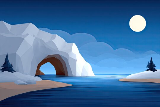 Low-poly winter landscape with moon, cave, water, and trees