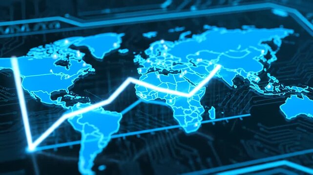 Global Business Growth and Economic Development with Digital World Map and Rising Financial Chart Line Illustrating International Market Trends and Investment Success. - Powered by Adobe
