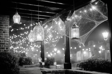 Enchanting Black and White Urban Setting with Lanterns and Twinkling Lights Creating a Mysterious Atmosphere Ideal for Halloween or Nighttime Aesthetic Photography