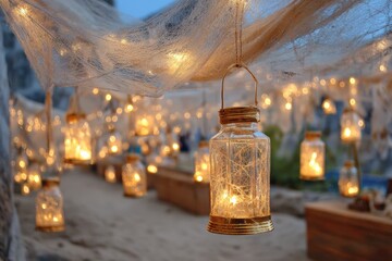 Enchanting Evening Decor with Glowing Lanterns, Ethereal Atmosphere, Romantic Ambiance, Soft Lighting and Warm Glow for Outdoor Celebrations or Events
