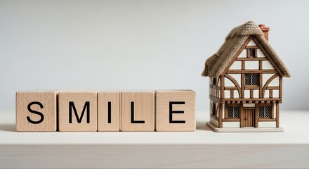 Wooden Blocks Spelling Smile next to Miniature Tudor Style House Model