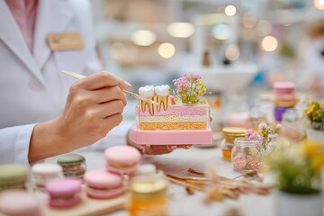 Expert pastry chef decorating exquisite dessert with colorful macarons and delicate flowers in a bright and cheerful kitchen setting filled with soft bokeh lights.