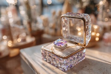Exquisite Jewel in Elegant Transparent Box Surrounded by a Soft Bokeh Background Highlighting Luxury and Glamour in a Beautiful Setting of Reflected Light