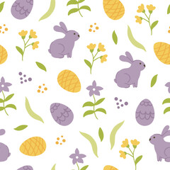 Happy Easter seamless vector pattern. Easter eggs, bunny, butterflies, and chicks in a creative repeating design. A repeating endless flat design in pastel colors.