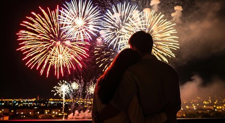 Couple Embraces Watching Spectacular Fireworks Display Over Cityscape.