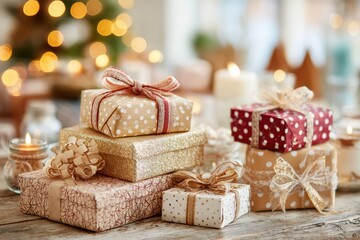 Festively Wrapped Holiday Gifts on a Wooden Table Surrounded by Soft Bokeh Lights, Creating a Cozy Seasonal Atmosphere