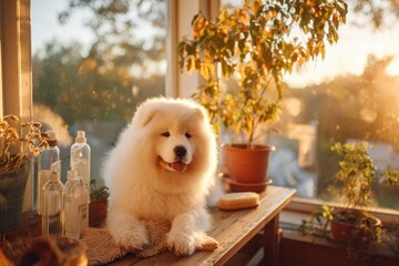 Fluffy Samoyed Dog Relaxing on a Wooden Table Surrounded by Plants and Grooming Products in a Bright Sunlit Room