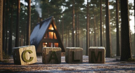 Wooden Calm Blocks in Forest Cabin Backdrop for Serene Escape Retreat