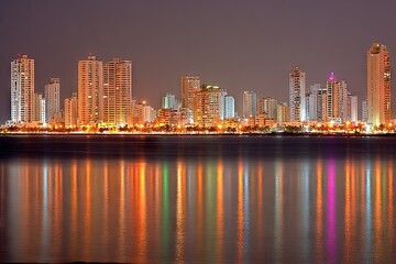 Fototapeta premium Illuminated city skyline mirroring on water at nighttime