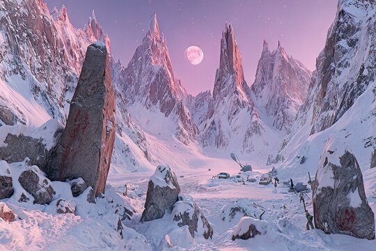 Snowy peaks and monoliths bathed in pastel light under pink moon