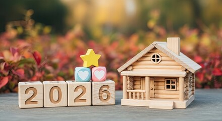 Wooden house model with 2026 blocks a symbol of future homeownership