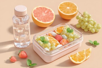 Fresh and Colorful Fruit Salad with Water Bottle on a Soft Beige Background Perfect for Healthy Lifestyle and Meal Prep Inspiration