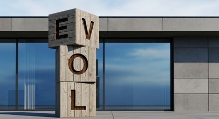 Wooden Cubes with EVOL Text Art Installation Modern Architecture Display