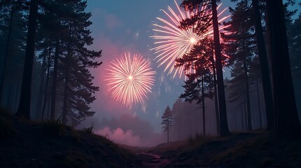 Spectacular Fireworks Display in Misty Forest at Night - Celebration, New Year's Eve