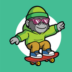 Naklejka premium Cool cartoon gorilla skateboarding with green hoodie and sunglasses, urban street style mascot illustration in cute kawaii vector design, perfect for sports and lifestyle branding.