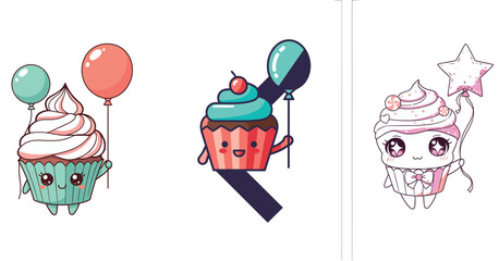 Cute Cupcake Mascot Holding Balloon Icon Set Different Styles