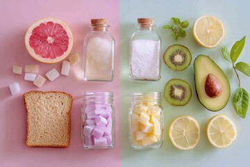Fresh fruits, sugar, and bread arranged aesthetically on pastel background, showcasing the contrast between healthy and indulgent choices in a modern kitchen setting.