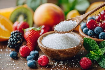 Fresh Fruits with Sugar in Wooden Bowls, Colorful Arrangement of Berries, Citrus, and Peaches with Natural Green Background for Culinary Use