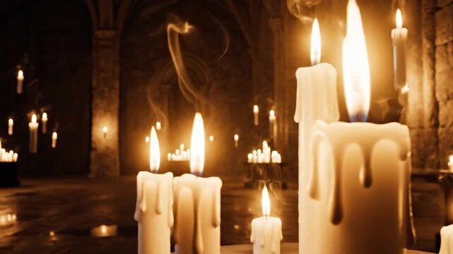 Warmly lit candles in a dimly lit stone room with arched doorways and a serene atmosphere.