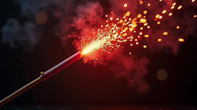 Lit Sparkler with Red Sparks on Dark Background - Festive Celebration, New Year  Party Fireworks