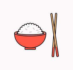 Cute cartoon vector illustration of rice bowl with chopsticks in simple flat design