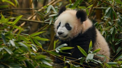 Fototapeta premium Adorable Baby Panda Sitting Among Green Bamboo Leaves in Natural Habitat