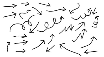 Hand-drawn arrow set with diverse styles including straight, curved, spiral, and wavy forms pointing in multiple directions on white background