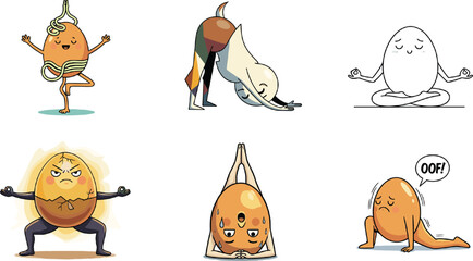 Egg and Onion Mascot Doing Yoga Pose Fitness Icon Set