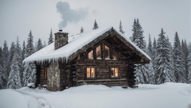 Cozy Log Cabin in Snowy Forest During Winter.