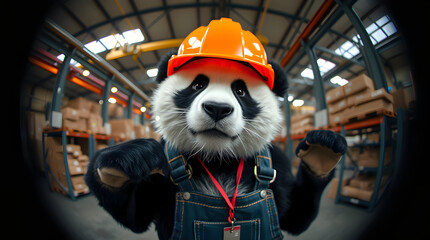 Warehouse worker panda ready for inspection