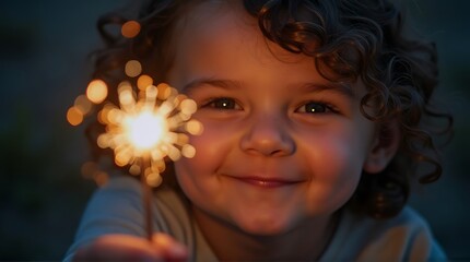 Happy Child Holding Glowing Sparkler at Night, Joyful Kid Celebrating with Magical Light and Wonder