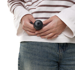 Young woman with hidden spy camera on white background, closeup