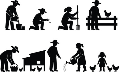 Farming silhouette scenes, people with chickens, planting, watering, feeding, rural life, agriculture activities, black figures, coop care, child interaction, farm work © Mahidul