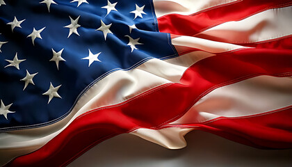 Waving American Flag with Detailed Stars and Stripes in Soft Light.