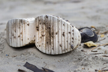 Lost, discarded white athletic shoe sole, weathered and covered in small, dried marine organisms...