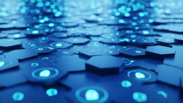 Abstract Blue Hexagonal Grid with Glowing Lights.