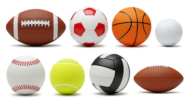 Collection of diverse sports balls including football, basketball, soccer, baseball, tennis, volleyball, and golf, perfect for sports marketing. - Powered by Adobe