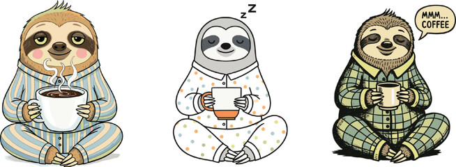 Set of Three Cute Sloth Characters in Pajamas Drinking Coffee. Funny Vector Collection of Sleeping and Relaxing Animals for Home, Morning Routine, or Lazy Day Designs.
