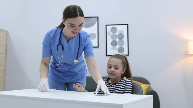 Diabetes. Doctor in medical gloves checking little girl's blood sugar level with lancet pen and glucometer at white table indoors
