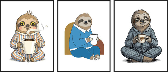 Set of Three Sloth Characters Drinking Coffee or Tea. Vector Collection of Cute Animals in Pajamas for Bedtime, Morning Routine, or Cafe Wall Art.
