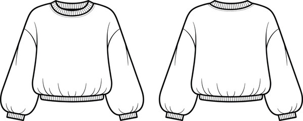 Balloon sleeve sweatshirt technical sketch comparison front view, fashion cad drawing, garment vector template, clothing design outline, apparel illustration, cad drawing flat vector illustration