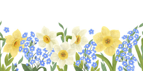 Seamless border with flowers of blue forgetmenots, yellow and white daffodils. Handdrawn in a flat style, painted with watercolors in pastel colors. An element for the design of postcards, packaging