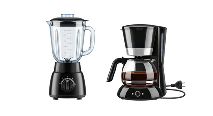 Blender and coffee maker on transparent background for kitchen or culinary concepts