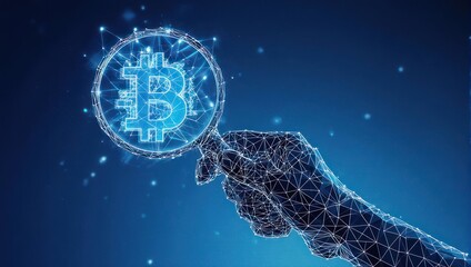 Digital Bitcoin Hand Holding Cryptocurrency Symbol on Blue Background.