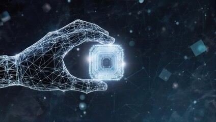 Digital hand holding glowing cube representing technology and innovation.