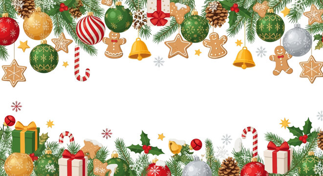 Festive Christmas Decorations Border Featuring Ornaments, Gingerbread, and Pine Branches, Seasonal