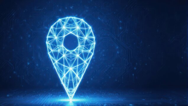 Digital Location Pin Icon with Network Connections on Blue Background.