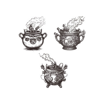 engraving illustration of a mystical cauldron or witch's pot infused with intricate steampunk mechanical elements